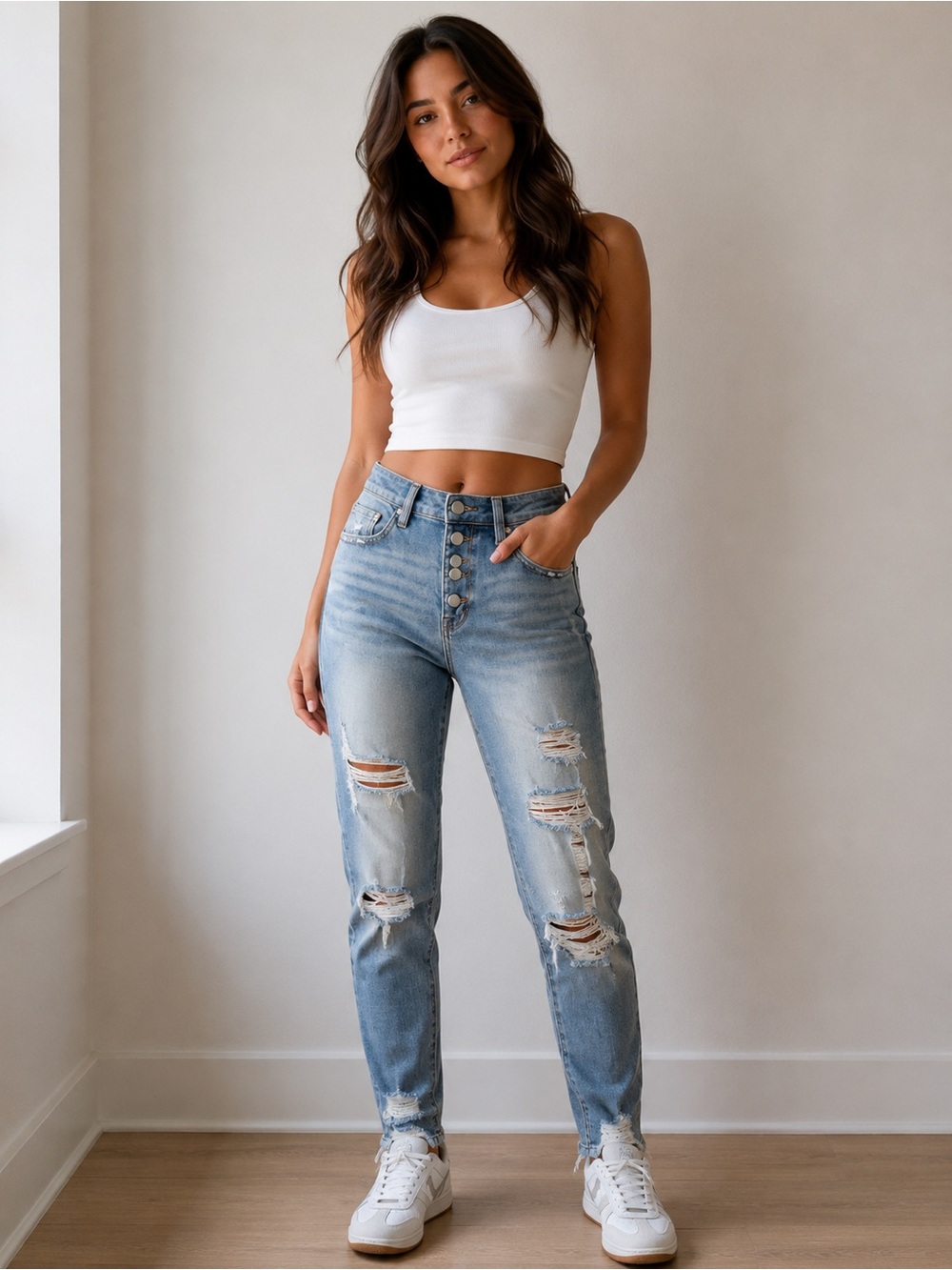 PETRA 153 Boyfriend Jeans | Size 5/26 | Distressed Stretch Button Fly Jeans